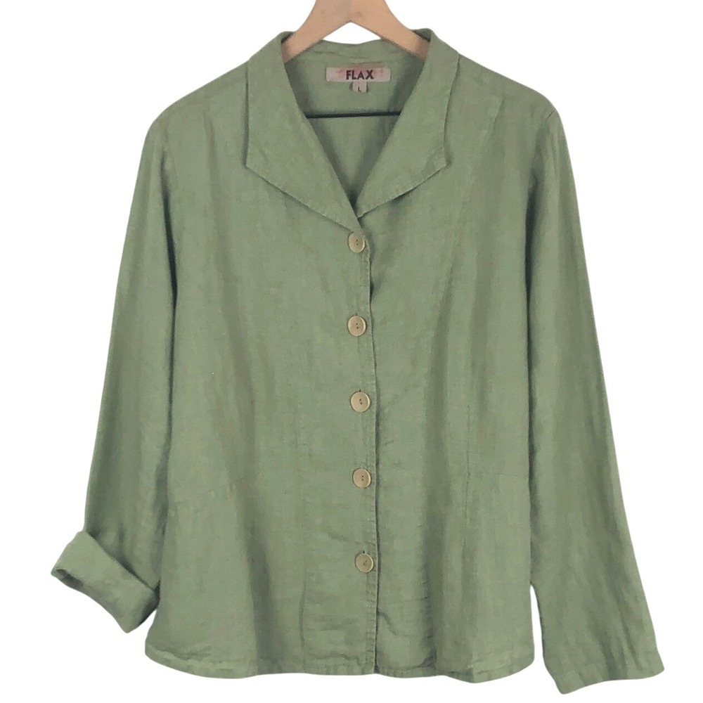 FLAX 100% Linen Tunic Shirt Women's L Sage Green Lagenlook Made in Lithuania EUC